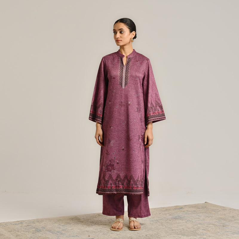 Burgundy Contemporary Woollen Kurta Set with Dupatta