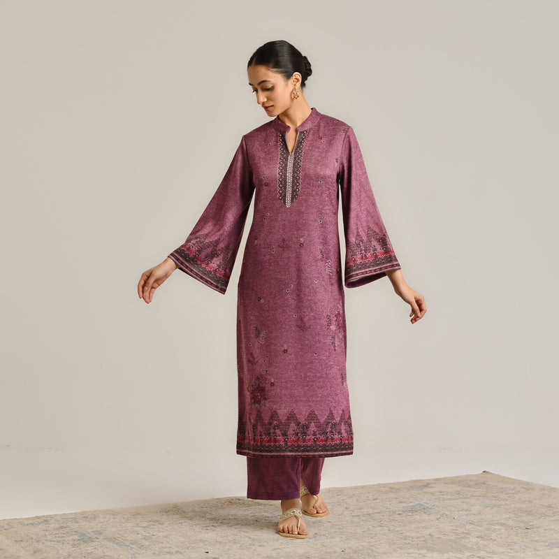 Burgundy Contemporary Woollen Kurta Set with Dupatta