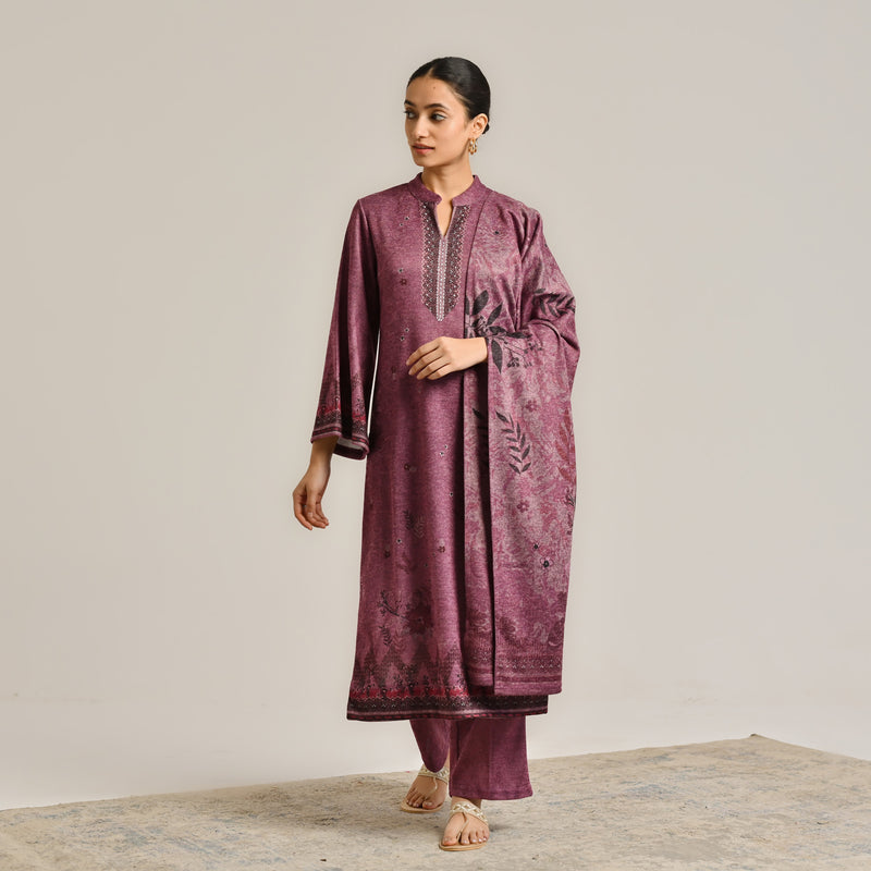 Burgundy Contemporary Woollen Kurta Set with Dupatta