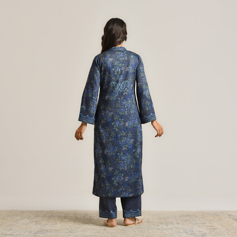Blue Kashmiri Inspired Woollen Kurta Set with Embroidery Detail