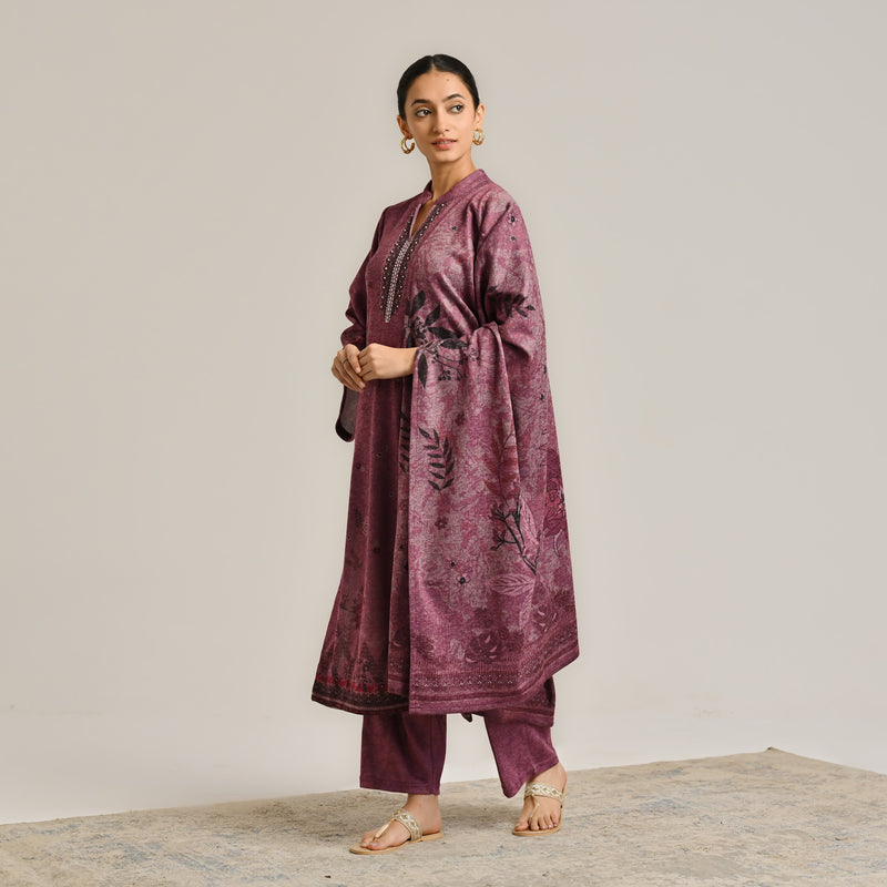 Burgundy Contemporary Woollen Kurta Set with Dupatta