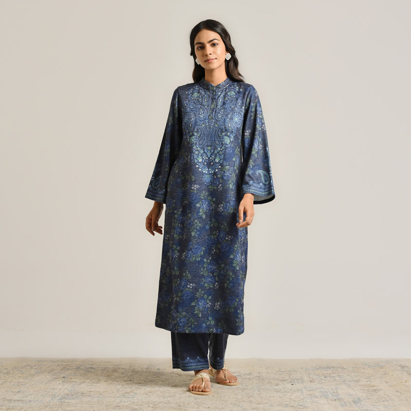 Blue Kashmiri Inspired Woollen Kurta Set with Embroidery Detail