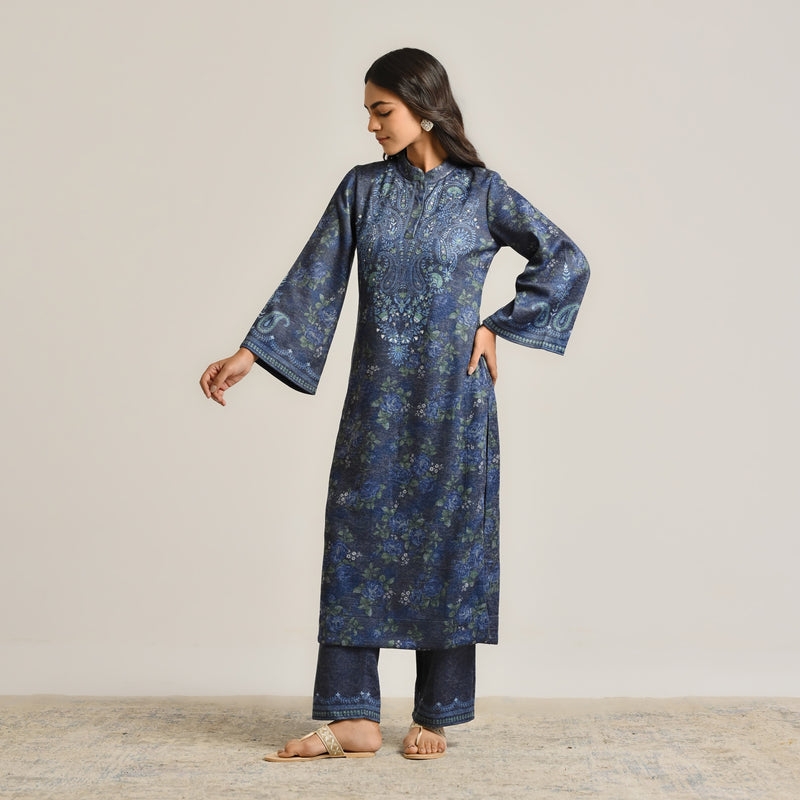 Blue Kashmiri Inspired Woollen Kurta Set with Embroidery Detail