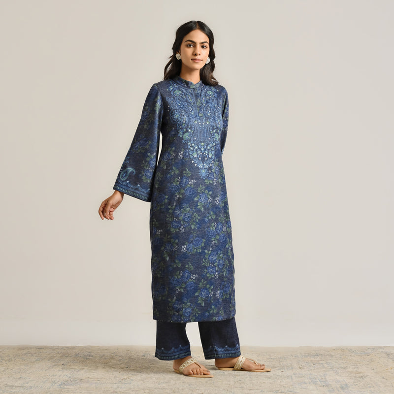 Blue Kashmiri Inspired Woollen Kurta Set with Embroidery Detail