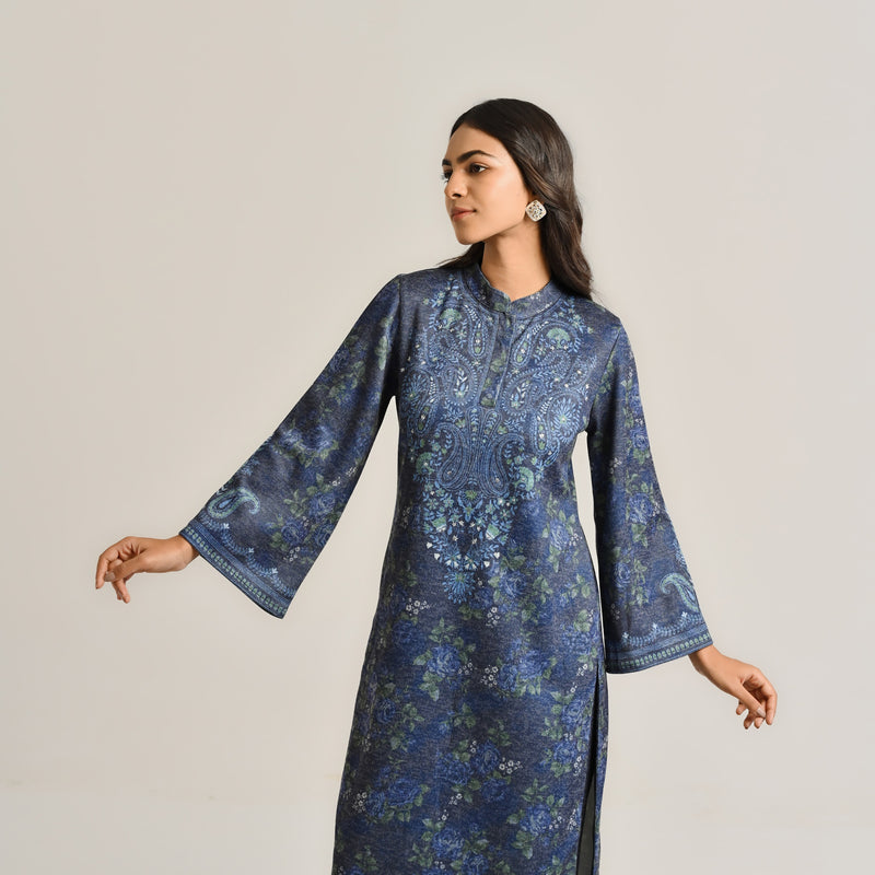 Blue Kashmiri Inspired Woollen Kurta Set with Embroidery Detail