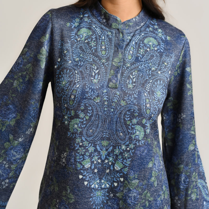Blue Kashmiri Inspired Woollen Kurta Set with Embroidery Detail