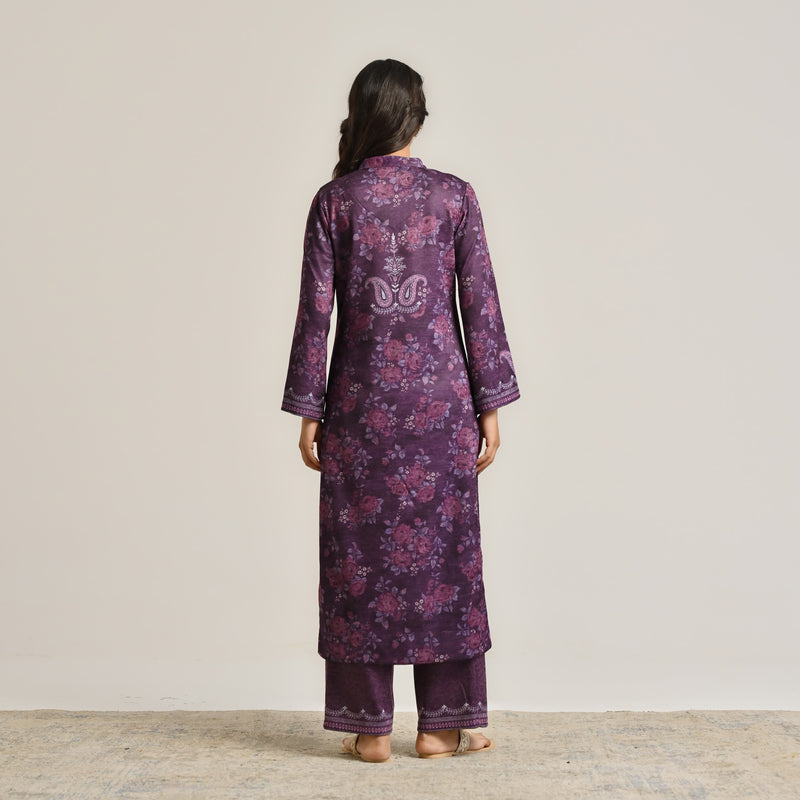 Violet Kashmiri Inspired Woollen Kurta with Embroidery Detail