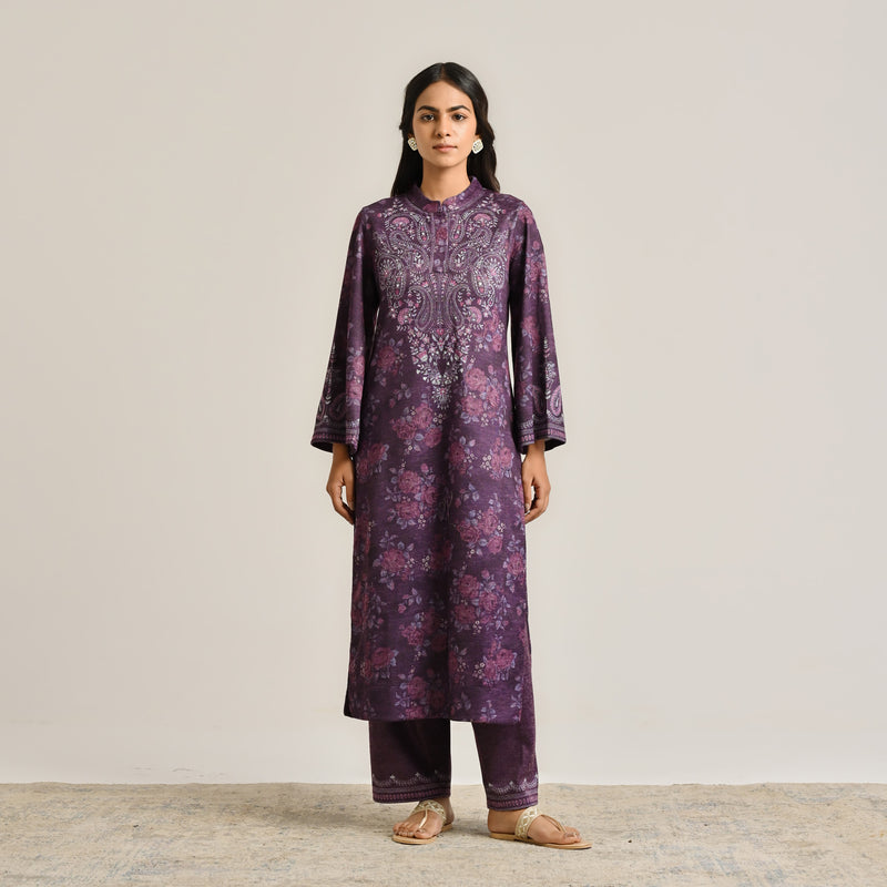 Violet Kashmiri Inspired Woollen Kurta Set with Embroidery Detail