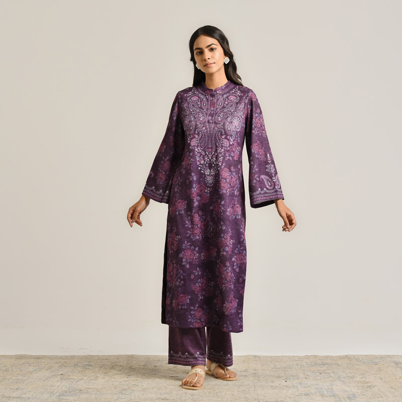 Violet Kashmiri Inspired Woollen Kurta Set with Embroidery Detail