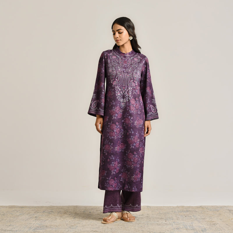 Violet Kashmiri Inspired Woollen Kurta Set with Embroidery Detail