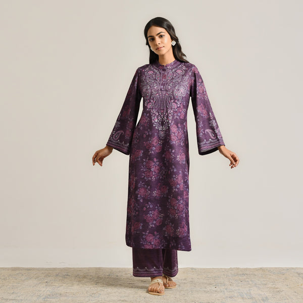 Violet Kashmiri Inspired Woollen Kurta Set with Embroidery Detail