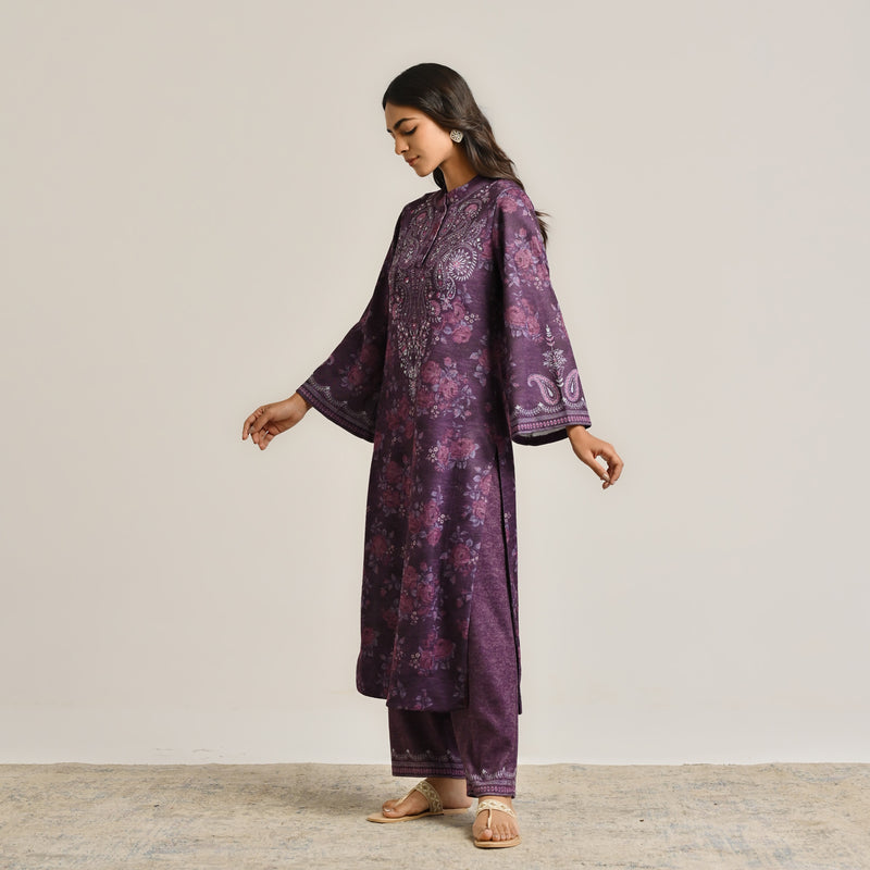 Violet Kashmiri Inspired Woollen Kurta with Embroidery Detail