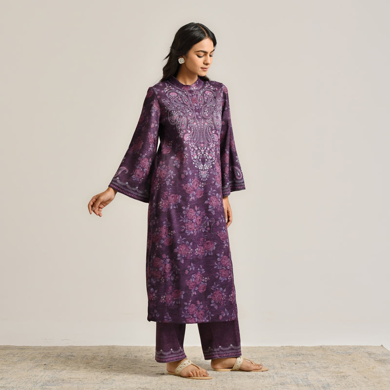 Violet Kashmiri Inspired Woollen Kurta Set with Embroidery Detail