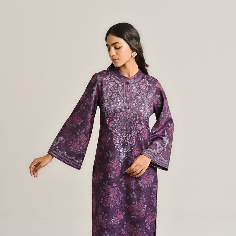 Violet Kashmiri Inspired Woollen Kurta Set with Embroidery Detail