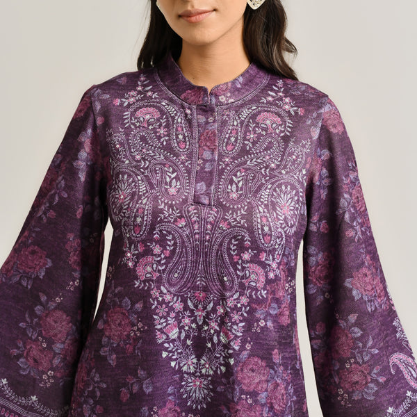 Violet Kashmiri Inspired Woollen Kurta with Embroidery Detail