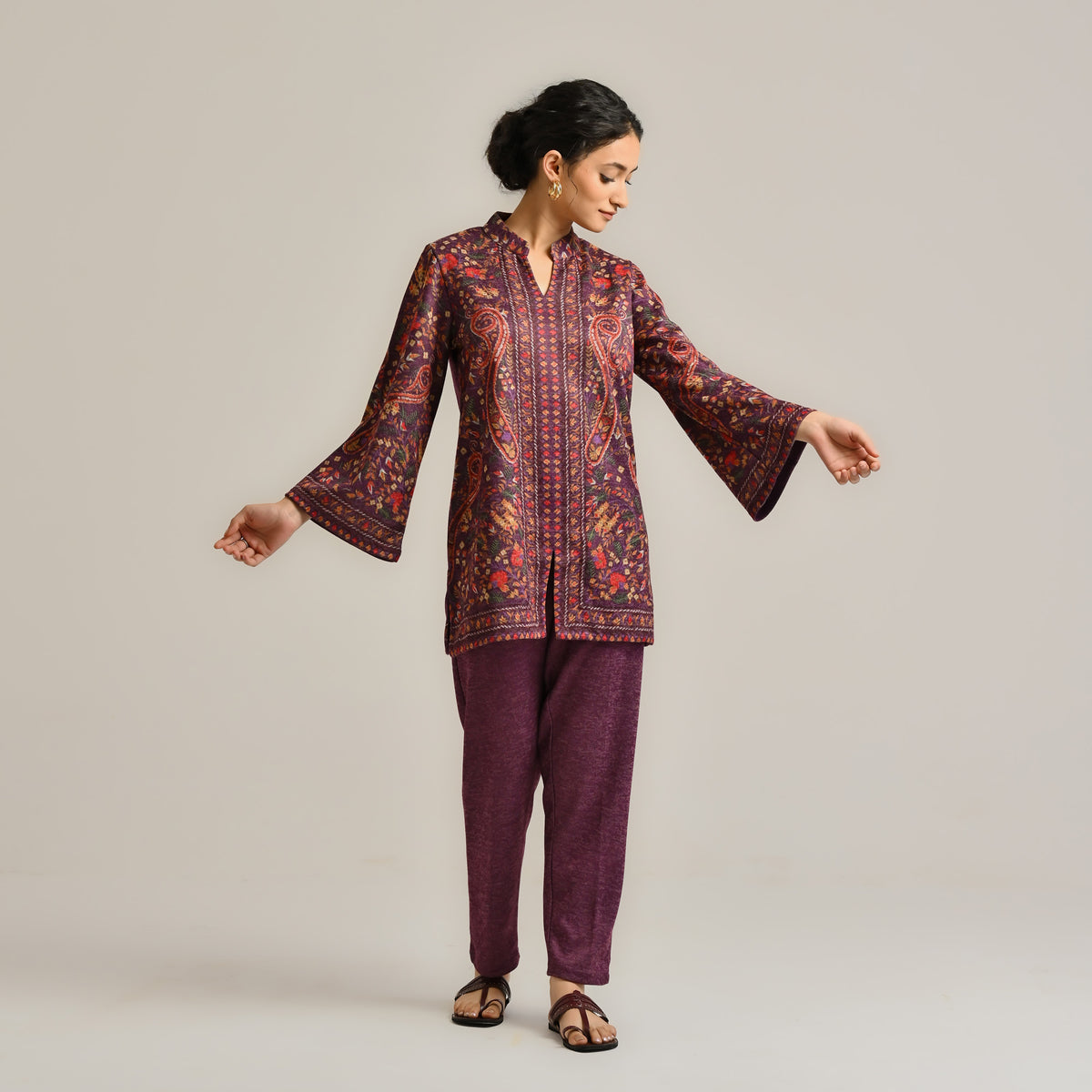 Wine Kashmiri Inspired Contemporary Woollen Co-ord Set
