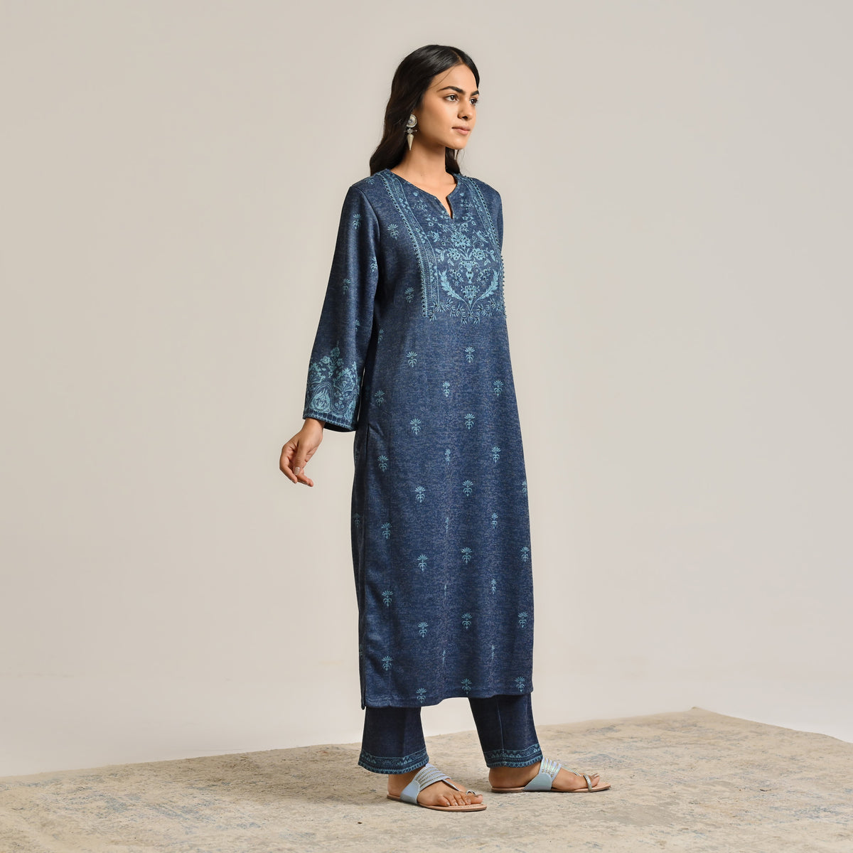 Blue Contemporary Embroidered Woollen Kurta