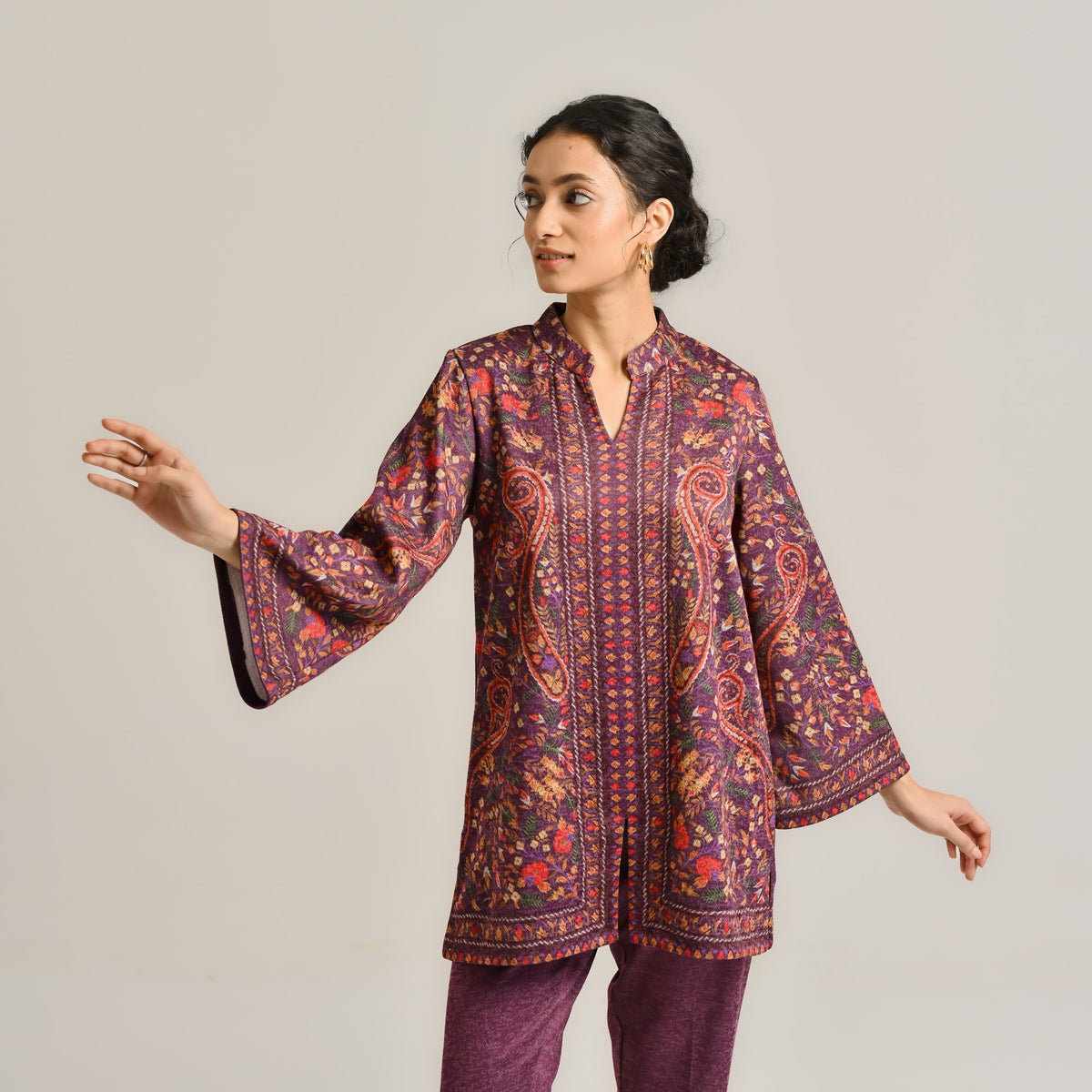 Wine Kashmiri Inspired Contemporary Woollen Co-ord Set