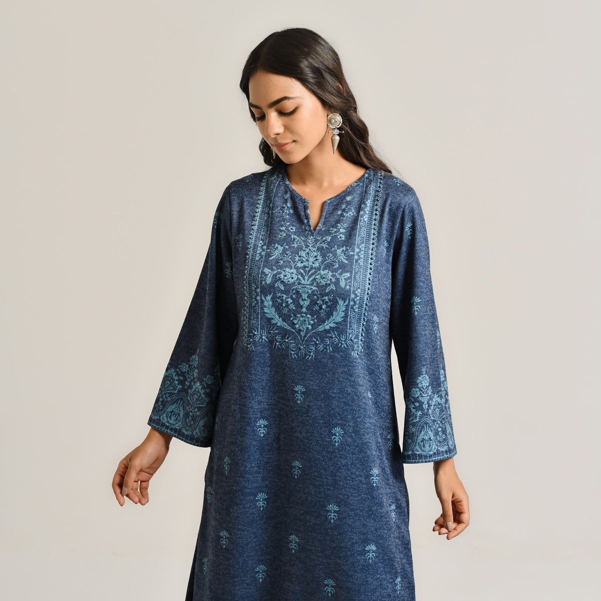 Blue Contemporary Embroidered Woollen Kurta