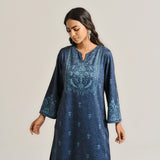 Blue Contemporary Embroidered Woollen Kurta