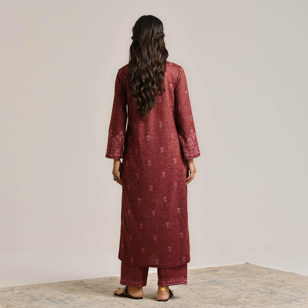 Maroon Contemporary Embroidered Woollen Kurta