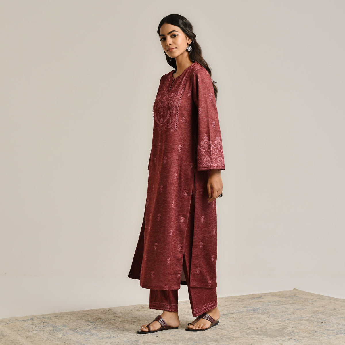 Maroon Contemporary Embroidered Woollen Kurta