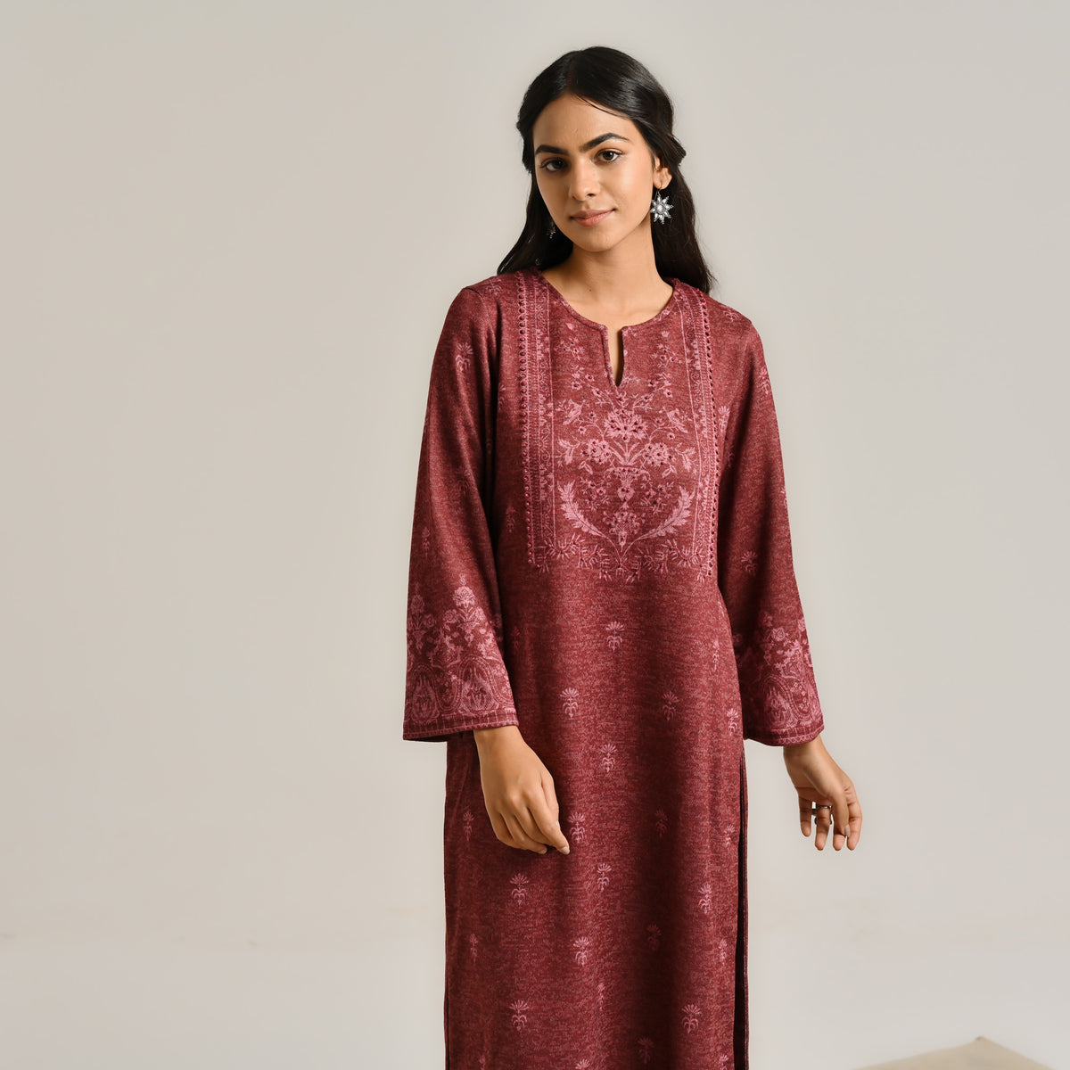 Maroon Contemporary Embroidered Woollen Kurta Set with Dupatta