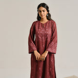 Maroon Contemporary Embroidered Woollen Kurta