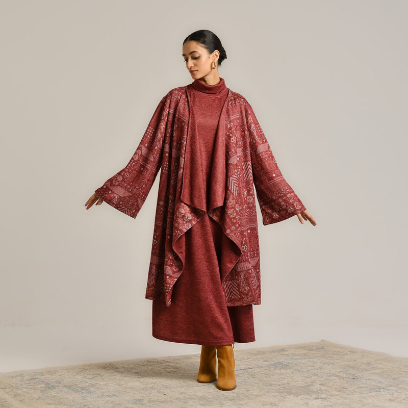 Maroon Woollen Winter Dress with Shrug