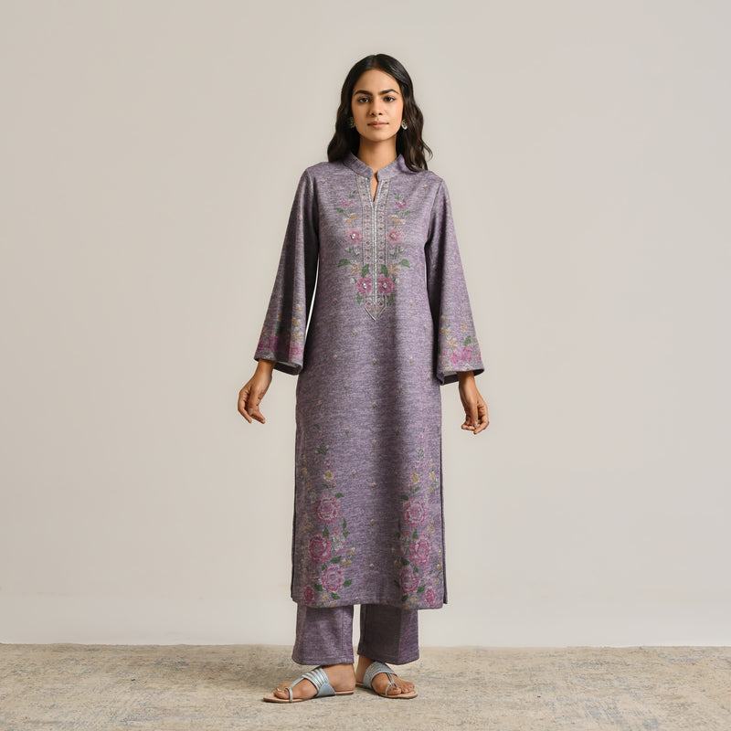 Mauve Floral Woollen Kurta Set with Embroidery Detail
