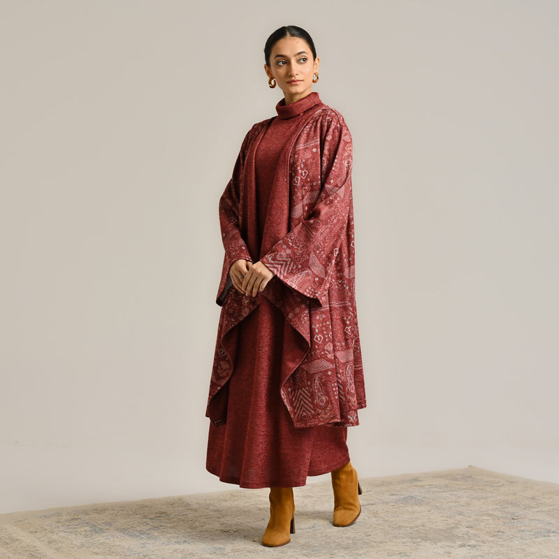 Maroon Woollen Winter Dress with Shrug