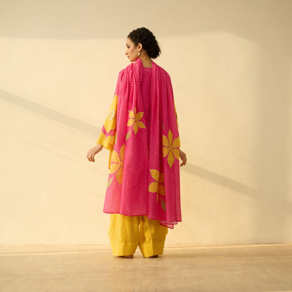 Sundari Kota Doria Cotton Farshi Set with Dupatta - Gulal Pink & Haldi Yellow