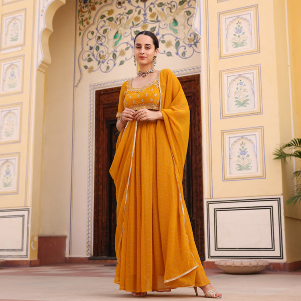 Mustard Embroidered Lehenga Set with Mukaish Work