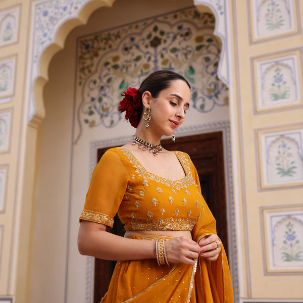Mustard Embroidered Lehenga Set with Mukaish Work