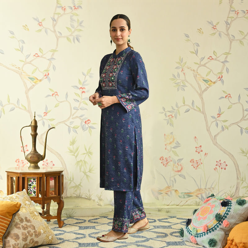 Navy Blue Embroidered & Floral Printed Woollen Kurta