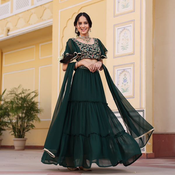 Emerald Green Lehenga Set with Embroidered Blouse & Tiered Lehenga