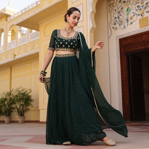 Emerald Green Embroidered Lehenga Set with Mukaish Work