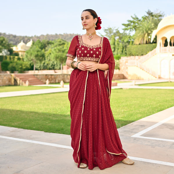 Red Embroidered Lehenga Set with Mukaish Work