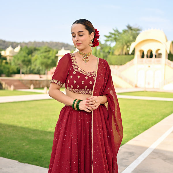 Red Embroidered Lehenga Set with Mukaish Work