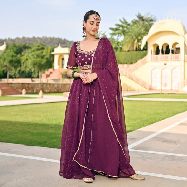 Purple Embroidered Lehenga Set with Mukaish Work