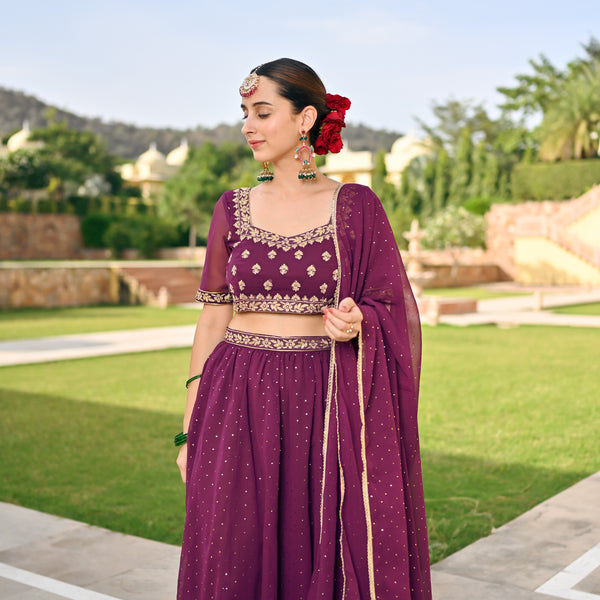 Purple Embroidered Lehenga Set with Mukaish Work