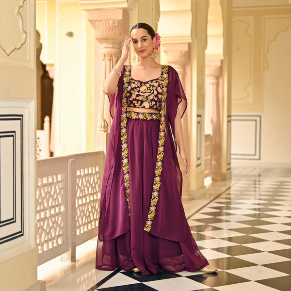 Purple Lehenga Set with Embellished Blouse & Cape