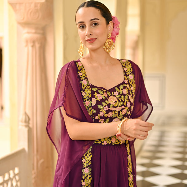 Purple Lehenga Set with Embellished Blouse & Cape