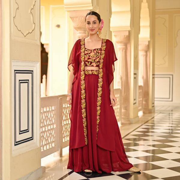 Red Lehenga Set with Embellished Blouse & Cape
