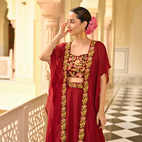 Red Lehenga Set with Embellished Blouse & Cape