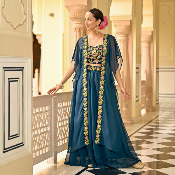 Navy Blue Lehenga Set with Embellished Blouse & Cape