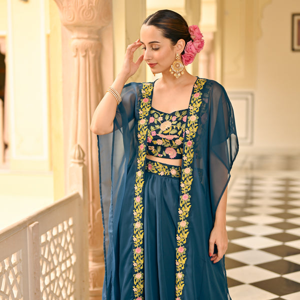 Navy Blue Lehenga Set with Embellished Blouse & Cape