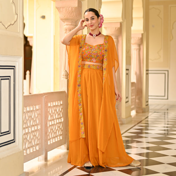 Mustard Lehenga Set with Embellished Blouse & Cape