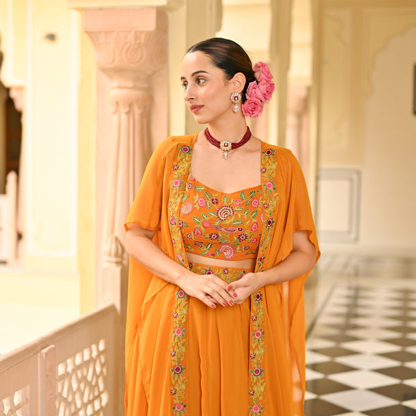 Mustard Lehenga Set with Embellished Blouse & Cape