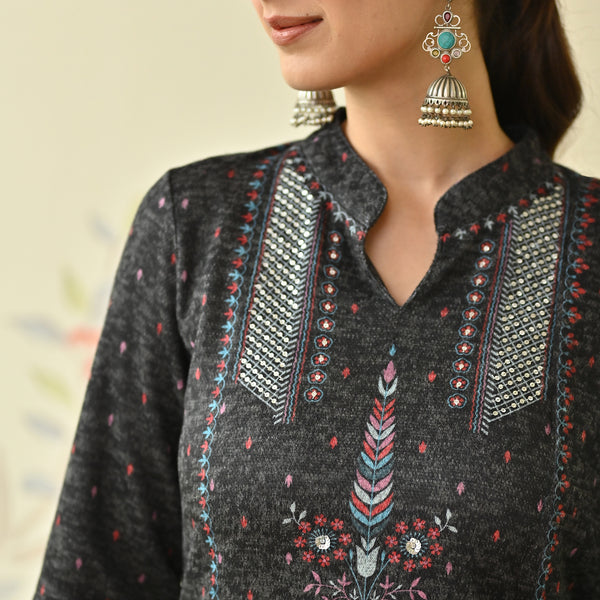 Black Embroidered Woollen Kurta Pant Set
